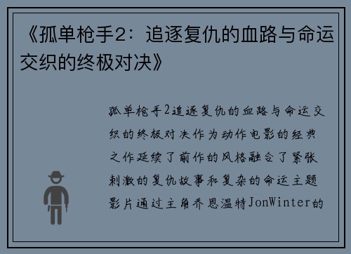 《孤单枪手2：追逐复仇的血路与命运交织的终极对决》