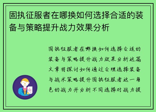 固执征服者在哪换如何选择合适的装备与策略提升战力效果分析