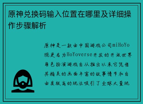 原神兑换码输入位置在哪里及详细操作步骤解析 原神兑换码输入位置在哪里及详细操作步骤解析